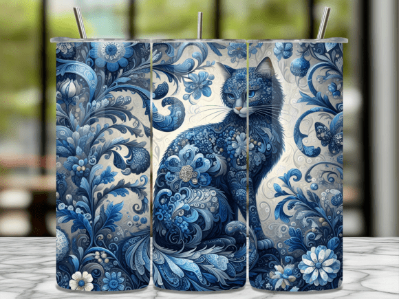 Download Blue Willow Floral Cat Art Tumbler Wrap - Blue Collection
