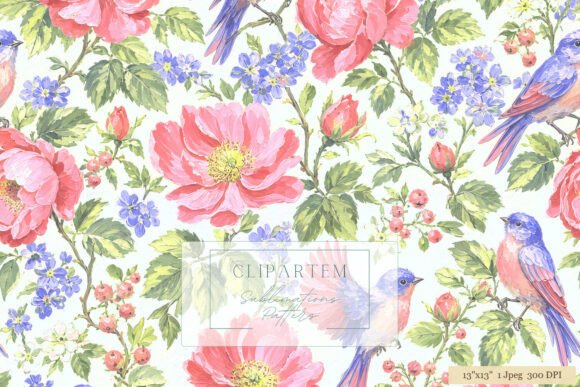 Download Bluebird Peony Floral Pattern Design - Blue Collection