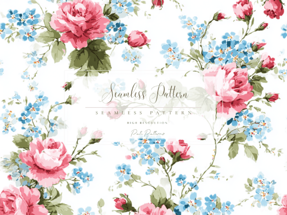Download Vintage Pink Roses and Blue Forget-Me-Not Seamless Floral Pattern PNG - Blue Collection