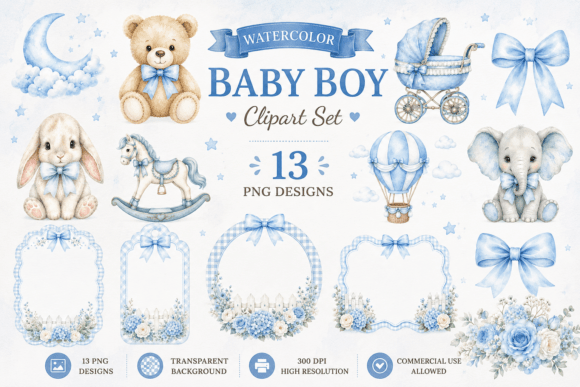 Download Blue Nursery Watercolor Baby Shower - Blue Collection